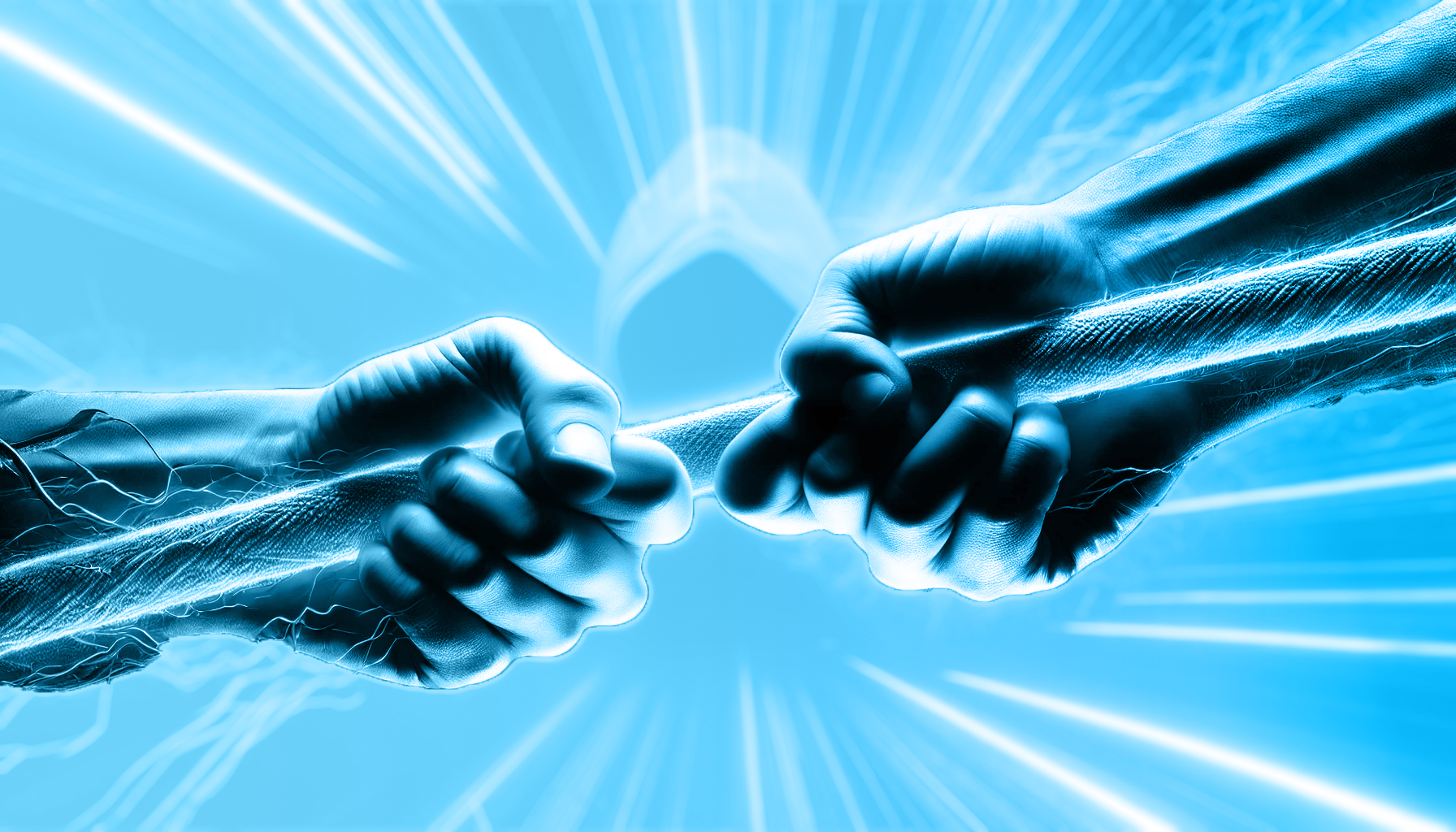 Close-up of two hands gripping a rope in a tense tug-of-war, symbolising the struggle between in-house cyber security teams and outsourced security providers. A hooded figure looms in the background, representing unseen cyber threats.