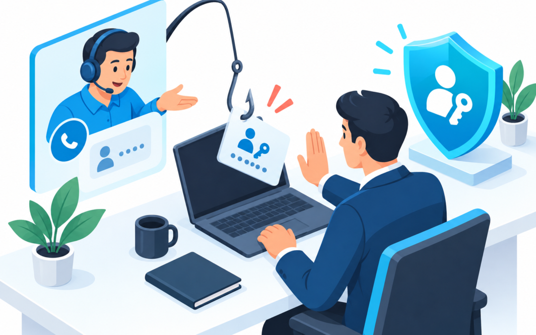 Isometric Illustration Of A Fake Support Caller Using A Phishing Hook While A Microsoft 365 User Pauses Beside An Intact Passkey Shield.