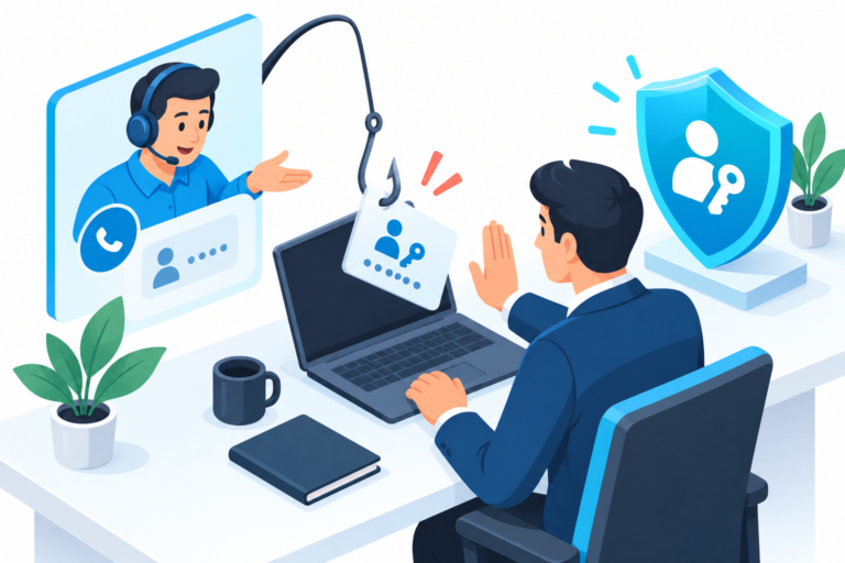 Isometric Illustration Of A Fake Support Caller Using A Phishing Hook While A Microsoft 365 User Pauses Beside An Intact Passkey Shield.
